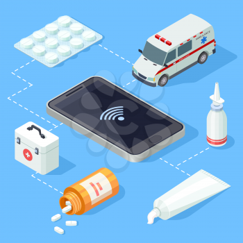 Online medical app for first aid 3d isometric collection vector illustration