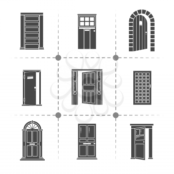 Open and closed door silhouettes vector icons set isolated on white illustration