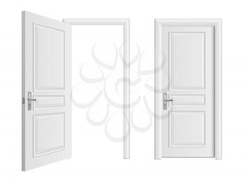 Open and closed white entrance realistic door isolated on white background. Door to house or room, enter doorway closed illustration