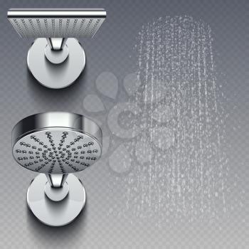 Realistic shower metal heads and trickles of water vector illustration isolated on transparent background. Shower for bathroom, head chrome realistic