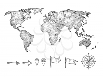 Sketched style world map and navigation elements vector illustration isolated on white