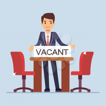 Two empty work chairs. Flat character businessman invites for an interview. Vector illustration