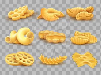 Vector realistic food cooking pasta types isolated on transparent background illustration