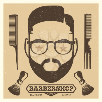 Vintage barbershop poster template. Fashion hipster print or backdrop with male head illustration