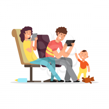 Young parents do not pay attention to child vector illustration. Parent holding gadget, no play with boy, not playing kid