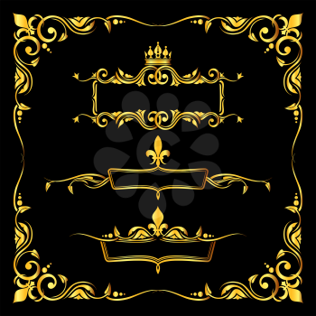 Set of ornate golden royal frames black background. Ornamental vintage retro, elements. Vector illustration