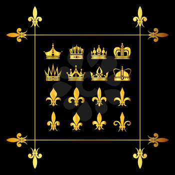 Set of golden vector crowns and fleur de lys black. Decoration medieval heraldic symbol illlustration