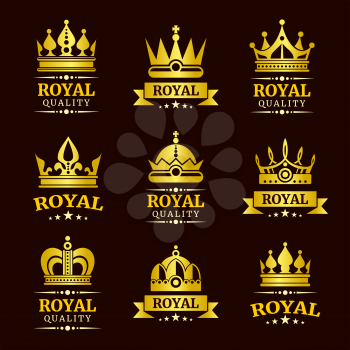 Golden royal quality vector crown logo templates set. Collection of luxury badge and emblem illustration
