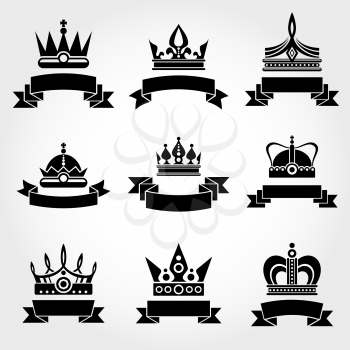 Royal vector crowns and ribbons logo templates set in black. Crown label monochrome design illustration