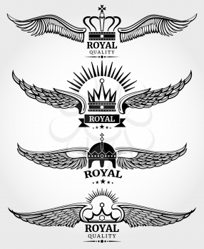 Vector winged crowns royal logo templates set in black and white. Emblem with wing, and crowns illustration