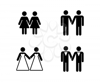Vector gay wedding icons set white. Woman married icon illustration