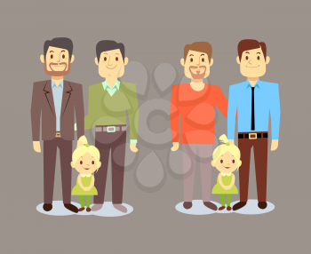 Happy gay LGBT men families with children. Gay family with child. Vector illustration