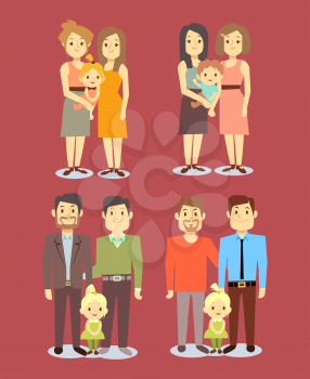 Set of vector gay LGBT happy families. Marriage lesbian with child illustration