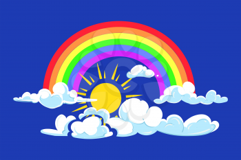 Sun, rainbow and clouds deep blue sky. Sun and natural clouds illustration