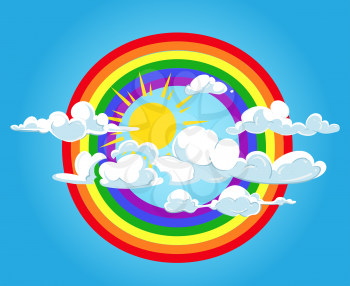Circle rainbow and clouds blue sky. Bright colorful summer weather. Vector illustration