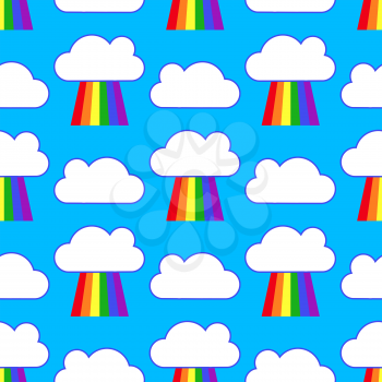 Blue sky with rainbows and clouds seamless pattern. Background weather after rain. Vector illustration