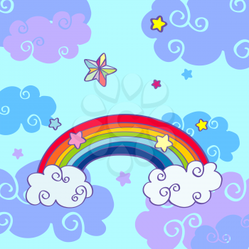 Vector hand drawn cartoon rainbow and clouds. Day with magic clouds illustration