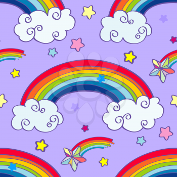 Hand drawn cartoon rainbow, clouds and falling stars seamless pattern. Vector illustration
