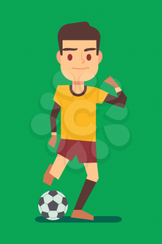 Soccer player kicking ball on green field vector illustration. Football player with ball
