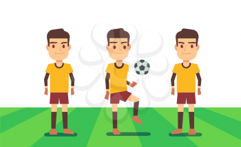 Three soccer players on green field vector illustration. Football team play match