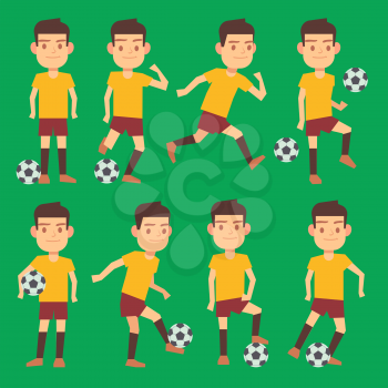 Soccer players poses vector set green field. Activity football players with ball illustration
