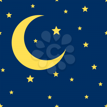 Vector crescent moon and stars seamless pattern. Illustration of night background