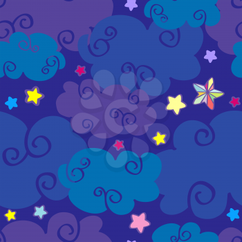 Vector cartoon clouds and stars nighttime seamless pattern. Wallpaper background dreamland illustration