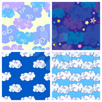 Set of vector cartoon hand drawn clouds seamless patterns. Coolection of backgrounds with cloud