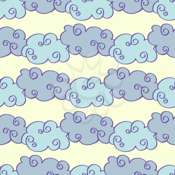 Pastel colored vector hand drawn clouds seamless pattern. Background color weather illustration