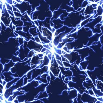 Electric blue vector lightning seamless pattern. Background with lightning blue flash illustration