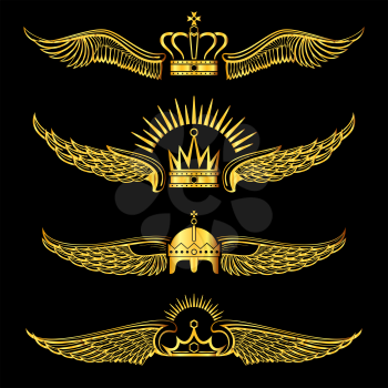 Set of golden winged crowns logos black background. Royal elements with wings. Vector illustration