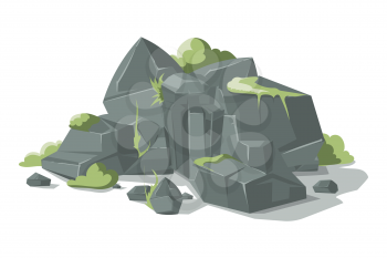 Grey stones and rocks cartoon vector nature boulder with grass. Nature geology heap gravel illustration