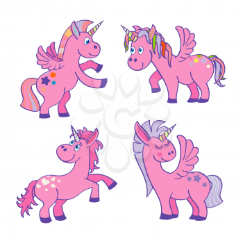 Set of vector pink unicorns white background. Cartoon animal illustration