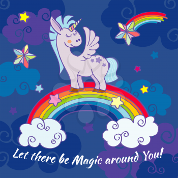 Vector hand drawn unicorn standing on a rainbow. Character animal cute illustration