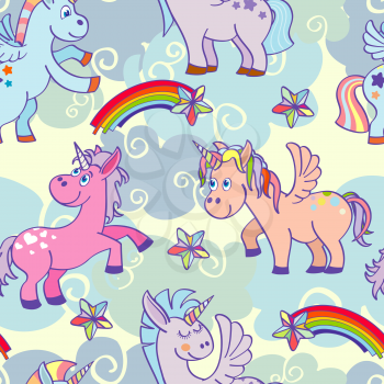 Pastel colored vector hand drawn unicorns seamless pattern. Background with miracle pony illustration