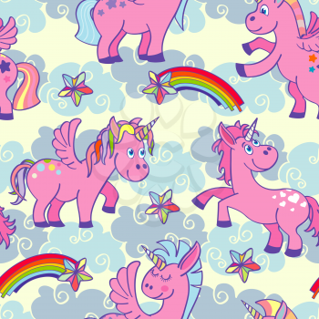 Pastel colored vector hand drawn unicorns seamless pattern. Magic design background illustration