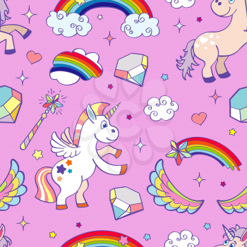 Pink vector hand drawn unicorns seamless pattern. Children fantasy background illustration