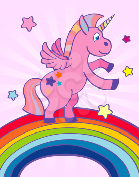 Hand drawn pink unicorn dancing on a rainbow. Animal fantasy to birthday party. Vector illustration