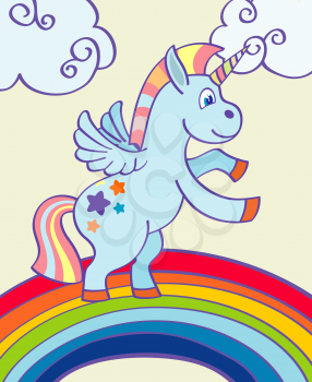 Vector hand drawn unicorn dancing on a rainbow. Vector illustration