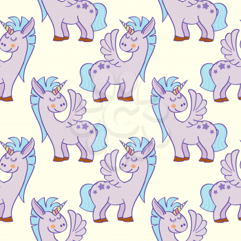 Pastel colored hand drawn unicorns seamless pattern. Magic background illustration
