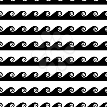 Vector waves seamless pattern in black and white. Monochrome sea background illustration