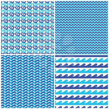 Set of vector blue waves seamless patterns. Collection of sea backgrounds illustration