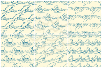 Hand drawn waves vector seamless patterns set. Wallpaper line, abstract repeat element illustration