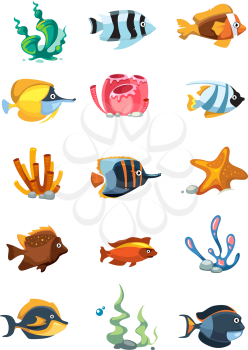 Vector cartoon aquarium decor objects, underwater assets for mobile phone game. Color sea fish for aquarium and sea coral reef illustration