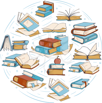 Sketch doodle drawing books, library, book club vector logo. Round of badge with open books, page of textbook for reading illustration
