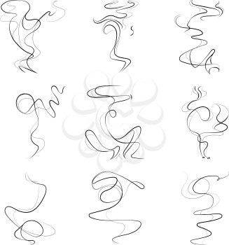 Smoke spiral lines, smoking smell, odor vector set. Aroma trail steam illustration isolated on white background