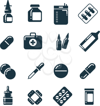 Medication pharmacology pills, tablets, medicine bottles vector icons. Medical drugs bottle and capsule, illustration of pharmacy drug