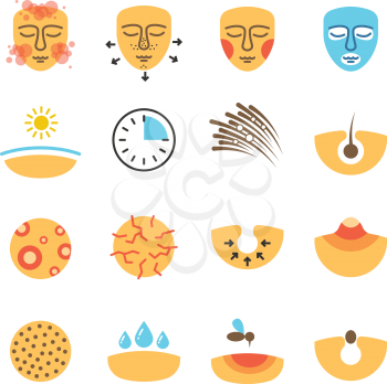 Skin, face problems, acne treatment, skin protect vector icons. Problem with skin icons