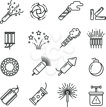 Festival dynamite, party fireworks, festive spark, holiday pyrotechnic line vector icons. Set of pyrotechnic icon line style, illustration of dynamite, rocket and detonator
