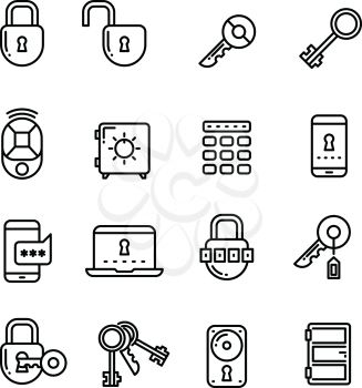 Key, lock, padlock, safe, door, security thin line vector icons. Collection of linear security icons, illustration of lock and code for security
